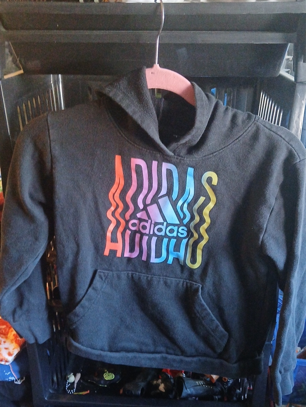adidas Black Hoodie with Rainbow Wave Logo Boys Small